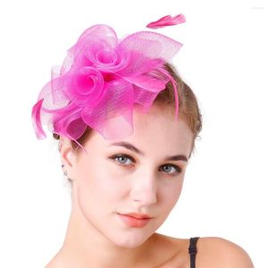 Boinas de linhas de linhas de linho Fedoras chapéu de moda feminina Feather Wedding Flor Stage Party Hairpin Hair Acessórios B-8308