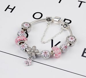 925 Sterling Silver Pink Murano Glass Beads Charm Cherry Blossom Bracelet Snake Chain Fit Pandora European Bracelet Jewelry Making8315654