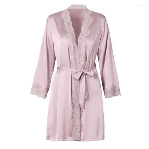 Women's Sleepwear Sexy Polyester Silk Robes With Lace Women Satin Bathrobes Night Robe Wedding Nightie Solid Color Dressing Gown Bedgown