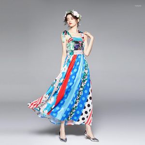 Lässige Kleider Mode Runway Kleider Sommer Frauen Spaghetti -Träger Bohemian Sundress Polka Dots Streifen florale Maxi Blau