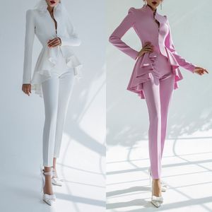 Tiered Ruffles Women Pants Suits Slim Fit Long Sleeve Trushers Set High Streetwear Work Business Wear 2 Pieces