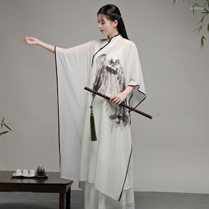 Etniska kläder Kina zen kostym traditionell elegant kvinnor kinesisk stil vintage hanfu väst lång sjal toppar breda benbyxor 3 stycken uppsättning