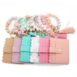 PU Leather Bracelet Wallet Keychain Party Favor Tassels Bangle Key Ring Holder Card Bag Silicone Beaded Wristlet Keychains Handbag Women