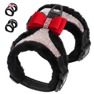 Hundhalsar kopplar kristall bowknot hund katt sele vinter varm bling valp sele väst strass hundtillbehör för små medelstora stora hundar T221212