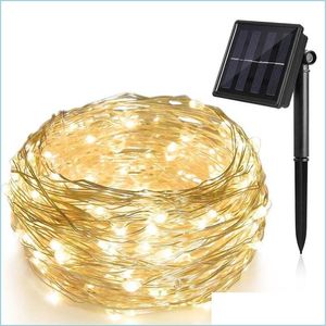 Led Strings Lamp Copper Wire Solar Lights 10 20M Ip65 Waterproof Fairy Light 8 Mode Outdoor For Garden Christmas Wedding Party Tree Dhsje