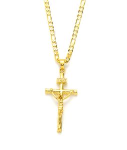 9k gelb massives Gold gf italienisch inri Jesus Kruzifix Kreuz Anhänger Figaro Linkkette Halskette 60 cm 3 mm Damen Herren1521932