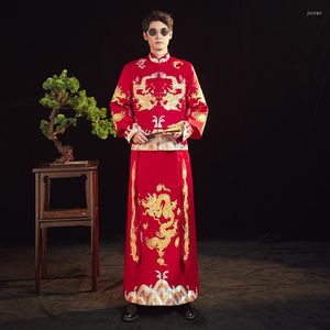 Odzież etniczna mężczyźni czerwony haft ze smokiem Cheongsam Toast kostium tradycyjny chiński styl ślub Qipao strój Tang