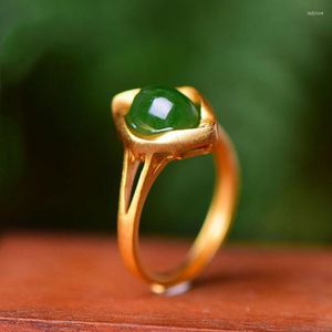 Cluster Rings Retro Natural Hetian Jade S925 Sterling Silver Gold Jasper Egg Noodles Spinach Green Refined Grace Personalized Ring