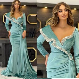 Mode Blaue Satin Perlen Meerjungfrau Abendkleider Sheer Neck Volle Hülse Abendkleid Kristall Formale Party Kleider Nach Maß