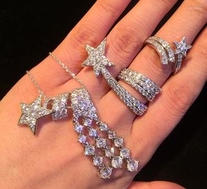 Necklace Earrings Set Zircon Women Luxury Comet Meteor Clavicle Chain Tassel Star Rhinestone Ring Jewelry