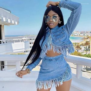 Skirts Two-piece Women's Clothing Denim Sportswear Long Sleeve Crop Top Jeans Tassel Mini Skirt Pants Suit High Quality Vestidos 2022