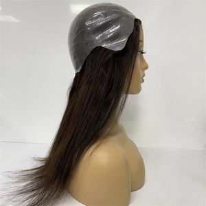 İpeksi düz tam pu peruklar brezilya bakire insan saçı koyu kahverengi renk 2# 0.08mm ince cilt orta kapak tıbbi peruk siyah kadın için