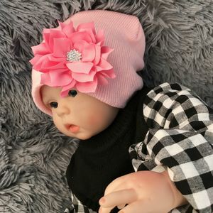 Shining Rhinestone Flower Baby Girls Hats Solid Color Handmade Knitting Cotton Infant Caps Fashion Warm Children Bonnet