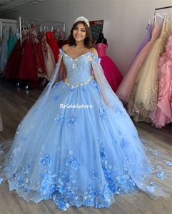 Księżniczka Mexican Pink Quinceanera Sukienki 2023 3D Floral Flower With Cape Vestido de 15 XV Anos Luksusowy Sweet 16 Sukienka balowa