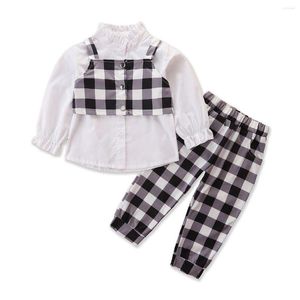 Set di abbigliamento Fashion Girl Set manica lunga camicia bianca gilet scozzese pantaloni abiti per bambini vestiti per bambini