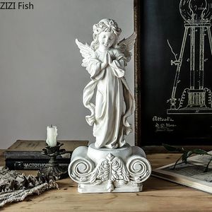 Dekorativa figurer europeiska retro vit harts ￤ngelstaty med bas gips hantverk ornament soffbord skrivbord dekoration rustik hem