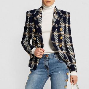 Women's Suits TOP QUALITY Est Fashion F/W 2022 Designer Jacket Women's Slim Fit Lion Buttons Double Breasted Plaid Wool Tweed Blazer