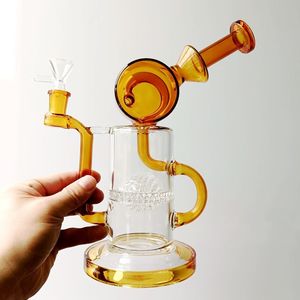 Yellow Thick Glass Bong Hookahs with Honeycomb Filters Perc Small Bent Tube Dab Rig Water Pipe for Smoking