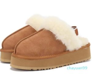 Designer -Fluff Yeah Slide Funkette-Hausschuhe aus Schaffell-Wildleder Sherpa Disquette Damen-Plateau-Slipper mit Shearling-Fell gefütterte Slide-Sandalen zum Hineinschlüpfen, flache Stiefeletten