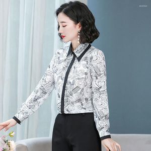 Kvinnor BLOUSES Spring Autumn Chiffon Office Lady Blusa Vintage Print Tops Elegant Women Chic Long Sleeve Casual Shirts Kor