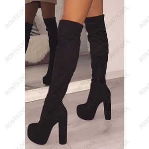 Ronticool New Fashion Women Platform Winter Winter Over The Knee Boots Block Heel Round Toe Tee Black Party Shoes US بالإضافة إلى حجم 5-20