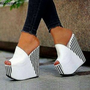 Ronticool Handmade Women Mules Sandals Stripped Sexy Wedges High Heels Peep Toe Black Party Shoes US Size 5-15
