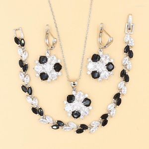 Necklace Earrings Set Fashion 925 Silver Color Bridal For Women Black And White Zircon Bracelet Necklaces Dangle Drop Gift Box