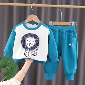 Spring Baby Boys Girls Casual Full Kids Cartoon Lion T-shirt byxor 2st/sets spädbarnsbomullskläder barn mode träning