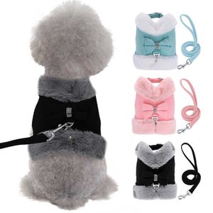 Hundhalsar Leases Valp hundsele och koppel varm päls vadderade hundar kattväst sele med matchande bly rep bowtie accessoarer för autum vinter t221212