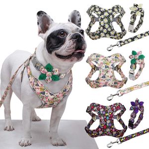 Dog Collars Leashes 3PCS Dog Collar Harness Leash set nylon Dogsベストハーネスフラワーアクセサリー付き鉛リーシュ付きフラワープリントペットカラーT221212