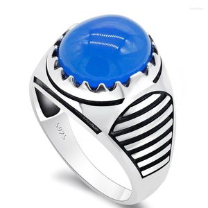 Ringos de cluster Real Pure 925 Silver Men Tock com ágata natural de pedra azul geme jewelry Wedding Balance Line Fine Fine