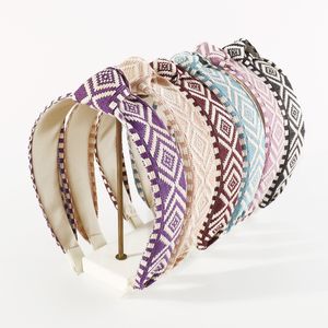 Ethnic Embroidery Geometric Pattern Top Knot Hairband Wide Side Headband For Women Turban Headwear Middle Cross Hair Accessories