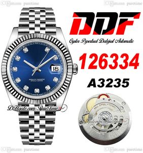 DDF Just 126334 A3235 Orologio automatico da uomo 41 Lunetta scanalata Quadrante blu Diamanti Marcatori 904L Jubilee Bracciale in acciaio Super Edition Stessa serie Card Puretime E5