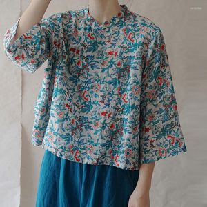 Damskie bluzki Balonimo Vintage bawełniane lniane koszulę swobodne retro druk Cheongsam Button T-shirt chiński styl odzież Zen