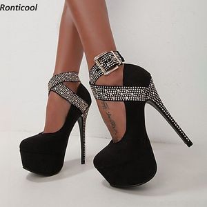 Ronticool New Arvival Platforme Pones Pones Rhinestone kostki Pasek szpilki szpilki okrągłe palce czarne buty imprezowe US ​​plus size 5-20