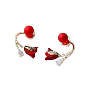 Luksusowy cyrkonia Pearl Rose Studs For Women Gold Splated Red Flower Ear Pierinki Słodka moda biżuteria Crystal Ear Ring Prezent