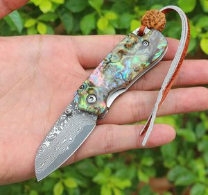 New Pocket Folding Knife VG10 Damascus Steel Blade Abalone shell & Stainless Steel Handle EDC Mini Small Gift Knives With Nylon Bag