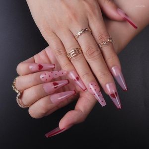 False Nails 24pcs Red Love Wear Pressione em acrílico Art Spot French Ballet Long Fake Reutable Forness For Professionals