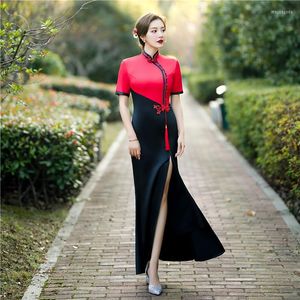 Etnik Giyim Siyah Kırmızı Çin Geleneksel Cheongsam Kadınlar Vintage saten ekleme qipao boyutu 5xl elbise parti balo vestidos