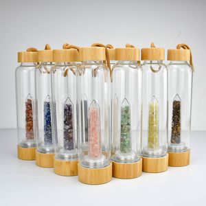 Natural Crystal Crushed Stone Energy Glass Water Bottle Healing Quartz flaskor Bambu täckt med rephälsa Cup