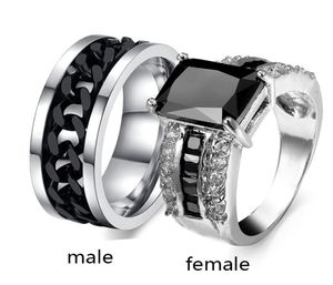 SZ612 Tv￥ ringar Parringar Rings Hers Agate 10K White Gold Filled Women039S Ring Turnable Black Chain Rostfritt st￥l Mens R2074225