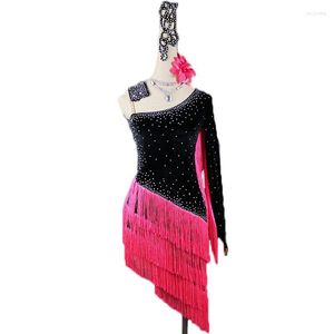 Scenkläder rhinestones latin danklänning kvinnor vuxen barn kostym sammet toassel tävling klänningar kläder för salsa kläder