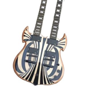LVYBEST Electric Guitar Custom Double Neck Strings Body With Pattern Black Hardware och EMG Pickup
