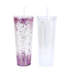 Bicchieri acrilici a doppia parete con globo di neve da 24 once con coperchio piatto Cannuccia Bicchiere per bevande in plastica trasparente con foro per riempire Glitter FY5520