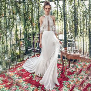 Projektantka bohemiusza Suknie ślubne syreny hlatater Backless Boho Beach długie suknie ślubne Białe szyfonowe koronki Summer Sexy Vestido de novia 2023