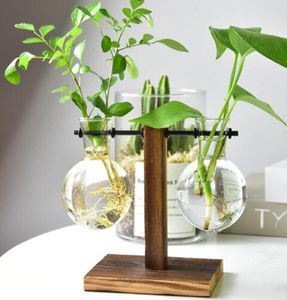 Hydroponic Plant Vases Vintage Desk Flower Pot Transparent Vase Wooden Frame Glass Tabletop Plants Home Bonsai Decorative Flowerpo1361315
