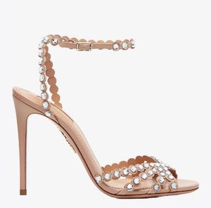 New Luxury Designer Tequila Sandals Shoes Women Crystal Embellishment Strappy Stiletto Heels Lady Gladiator Sandalias Bridal Wedding Dress