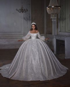 Princess Ball Gown Wedding Dresses Appliques Bateau Long Sleeves Sparkly Sequins Appliques Beads Lace Ruffles Celebrity Floor Length Luxury Bridal Gowns Plus Size