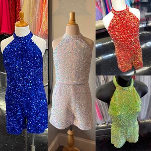 Girl Pageant Interview Romper Dress 2023 Velvet Sequin Kid Birthday Formal Party Gown Toddler Teen Little Miss Rising Star On-Stage Fun Fashion Royal Neon Pocket