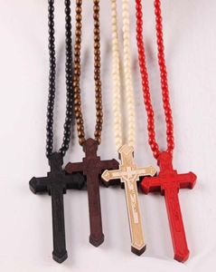 New Wooden Cross Pendant Necklaces Christian religious Wood crucifix Charm beaded chains For women Men Fashion Jewelry Gift3675111